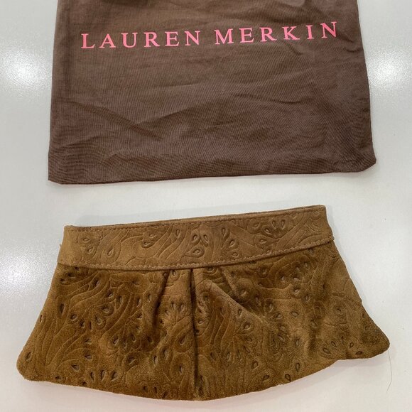 Lauren Merkin Brown Suede Leather Cutout Design Clutch w/Dustbag - Picture 1 of 7